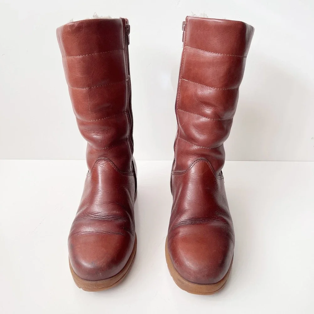 Blondo Leather Winter Boots Brown Quilted Faux Fur Lined Mid Calf Boho 70s Style